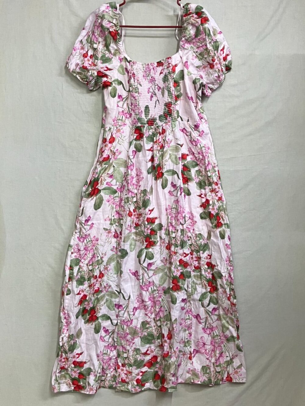 & Other Stories Midi Dress Women's Size 10 Pink Floral Linen Puff Sleeves - Picture 9 of 11